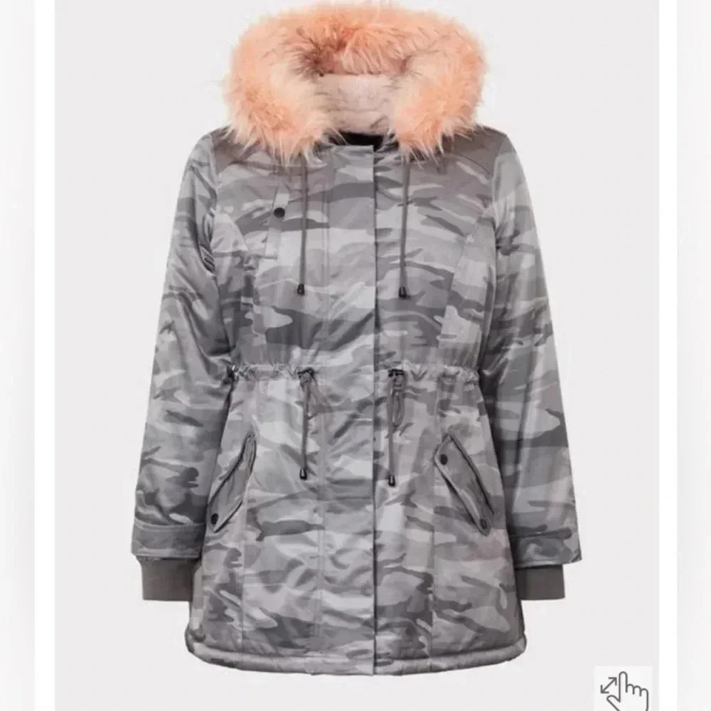 TORRID GRAY CAMO TWILL FUR LINED PARKA WINTER JACKET 00 - Picture 5 of 11